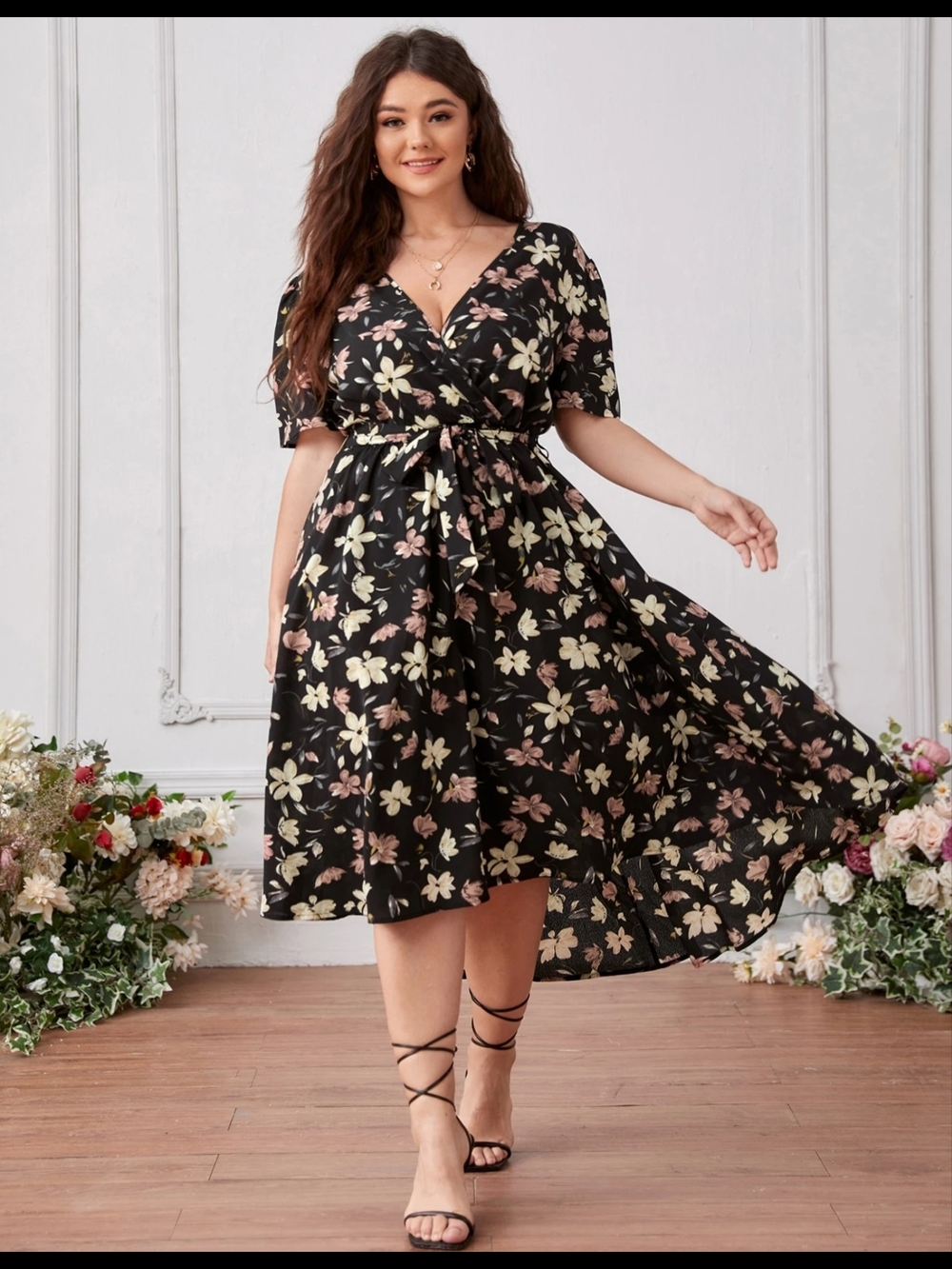 SHEIN Black Floral Wrap Midi Dress with Cream & Pink Blossoms